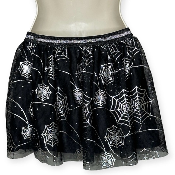 Cobweb Metallic Mesh Halloween Skirt Black Silver Girls L 10-12 - Picture 4 of 8